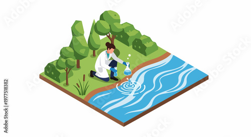Isometric Scientist Taking Water Samples from River in Forest for Environmental Research and Ecology Testing