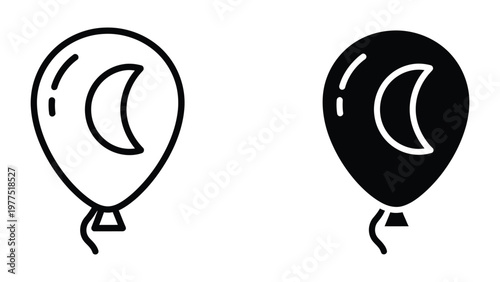 Contrast between a white and black balloon with crescent moon designs floating above tails