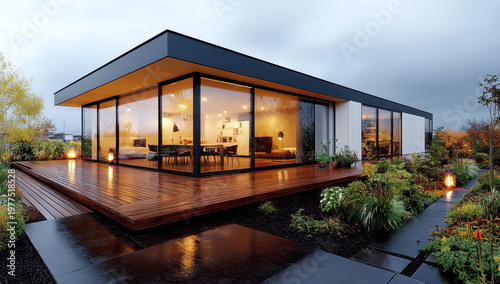 Modern house with large windows and wooden deck, illuminated at dusk, showcasing contemporary architecture and design