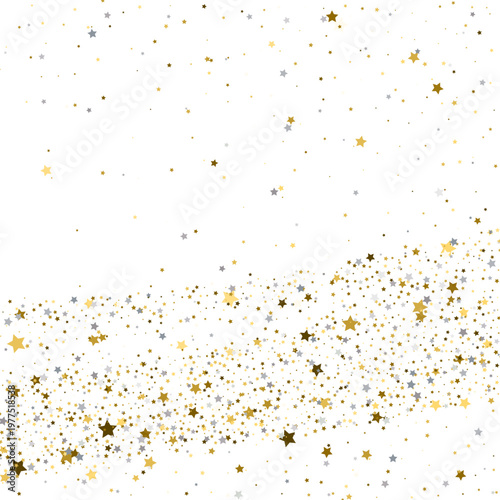 Sparkling gold and silver stars forming a wave on white background. Magic stardust texture with copy space. Christmas greeting card design