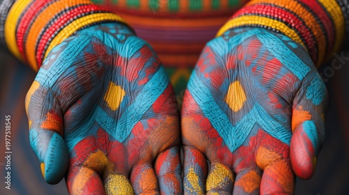 Two hands painted with vibrant, intricate geometric patterns in blue, orange, red, and yellow, showcasing colorful traditional art.