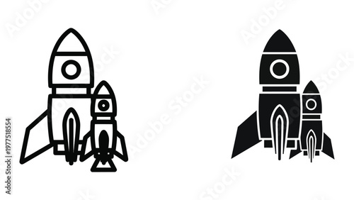 Contrast of black and white space rockets with varying sizes and styles