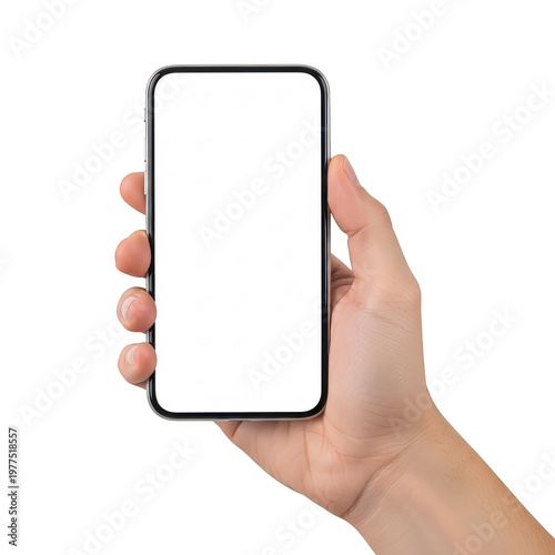 A hand holding a smartphone with a blank screen, Png