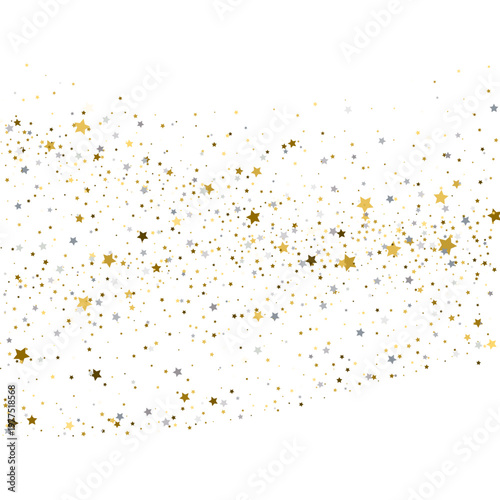 Abstract background with scattered gold and silver stars. Shiny metallic confetti on white. Luxury celebration border with copy space