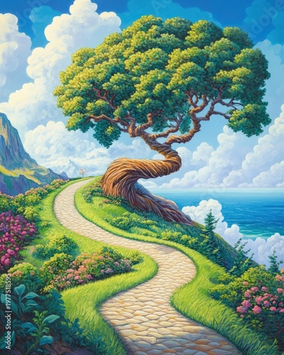 Wallpaper Mural winding road to a beautiful tree on a cliffside Torontodigital.ca