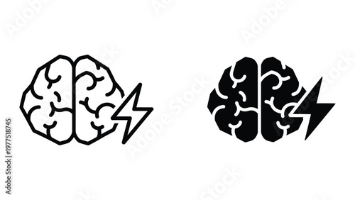 Contrast of brain hemispheres with differing lightning bolt symbols representing innovation or energy
