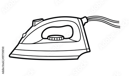 A black and white line drawing of an iron on a white background
