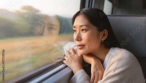 Wallpaper Mural A serene woman gazing out of a train window, lost in thought, enjoying a scenic journey Torontodigital.ca