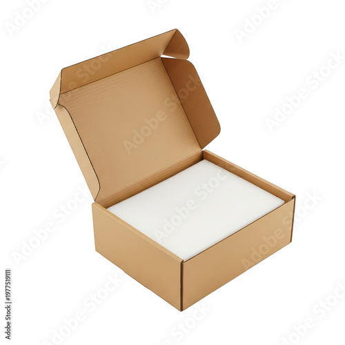 Open brown cardboard box with white foam padding inside the package