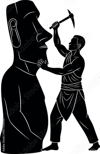 Ancient labor a depiction of a worker chipping away at a colossal moai statue on easter island