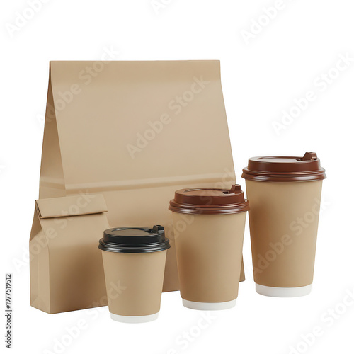Brown paper coffee cups and food bags for takeaway food service