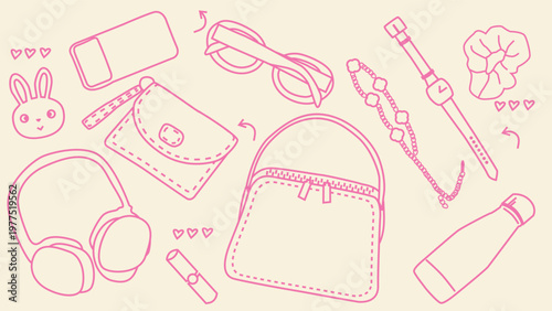 Cute vector illustration set of everyday accessories and personal items in a playful hand-drawn style. Includes backpack, headphones, sunglasses, wallet, watch, bracelet, lipstick, and small decorativ