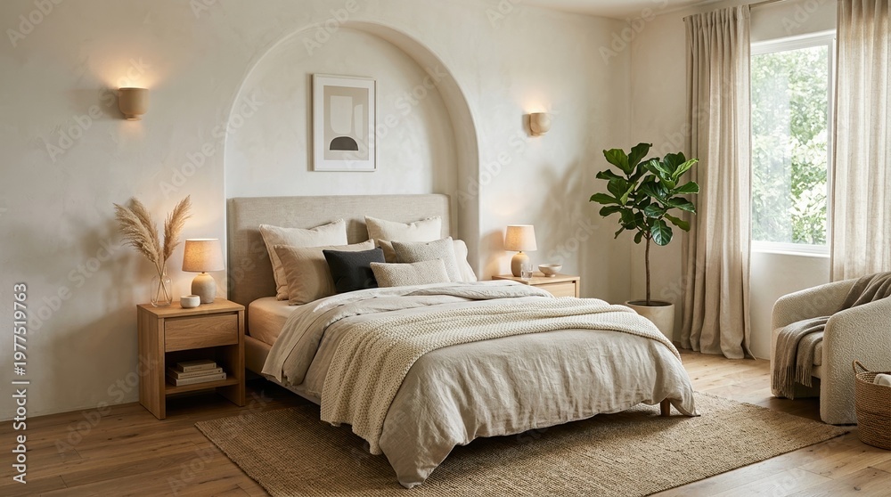 Fototapeta premium Serene bedroom sanctuary with natural light and cozy textures