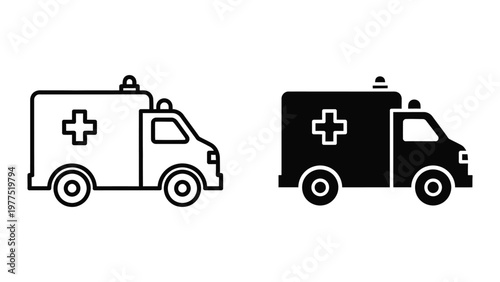 Two ambulance vehicles depicted in contrasting styles for medical services illustration