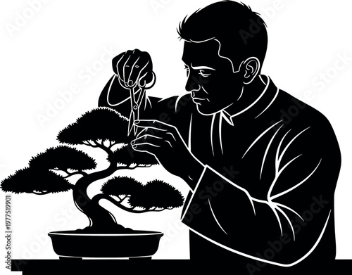 A silhouetted image of a man meticulously tending to a small bonsai tree with pruning shears