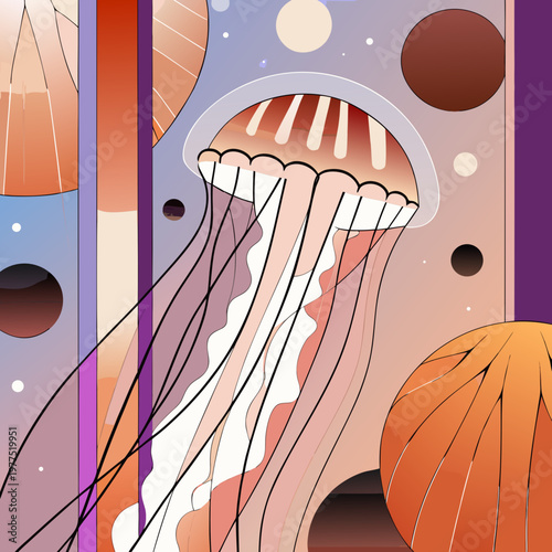 Bioluminescent jellyfish floating through a nebula of liquid gold and deep violet. 1