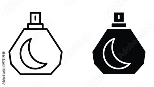 Contrasting perfume bottles with moon-shaped bases in black and white designs