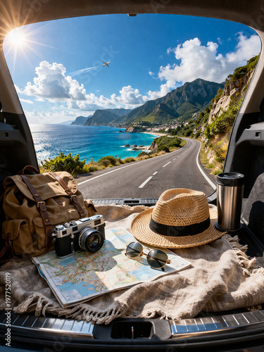 Journey's Beginning: A scenic view unfolds from the trunk of a car, presenting a wanderlust scene featuring travel essentials and an inviting road toward coastal horizon under bright sun.