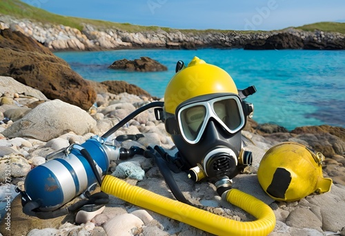 classic vintage diving helmet providing air supply and protection for deep underwater exploration missions.
