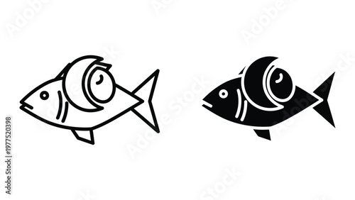 Contrast of fish icons with cyclical elements incorporated into their bodies