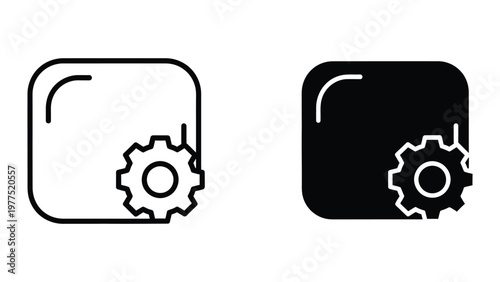 Contrasting icons of a gear within a square frame in different color schemes