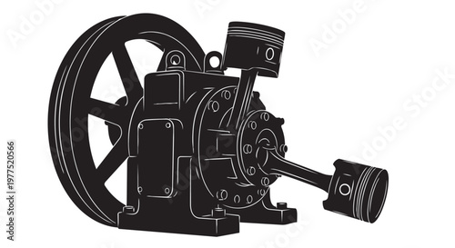Black and white steam engine, vintage industrial machine, mechanical illustration, gear and piston