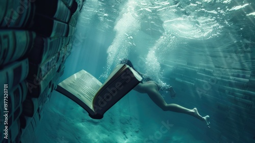 Wallpaper Mural Woman underwater holding book Torontodigital.ca