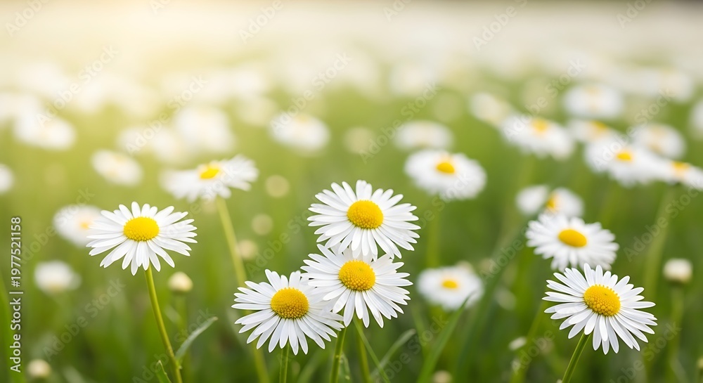 Fototapeta premium Field of daisies in sunlight a springtime meadow scene
