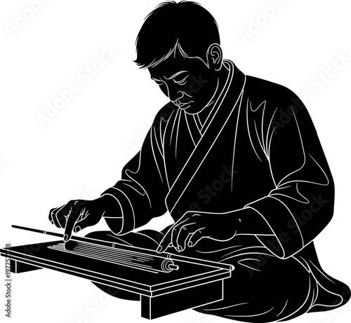 Silhouette of a traditional musician playing a stringed instrument evoking cultural heritage and artistic expression