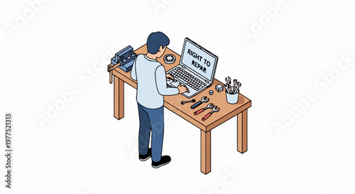 Right to Repair Concept: Isometric Illustration of a Technician Fixing a Laptop at a Workbench with Tools