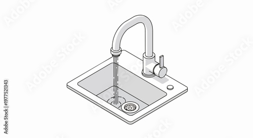 Isometric Kitchen Sink and Faucet Illustration with Running Water. Modern Minimalist Line Art Vector of Plumbing Fixture for Interior Design and Architecture.