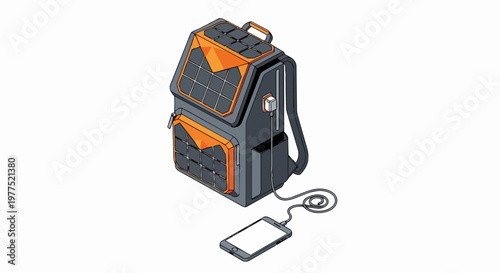 Isometric 3D Illustration of a Solar Powered Backpack Charging a Smartphone, Renewable Energy and Sustainable Technology Concept for Travel and Outdoors