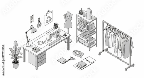 Isometric Sustainable Fashion Design Studio Illustration with Sewing Machine, Dressmaker Mannequin, and Eco-Friendly Textile Recycling Concept