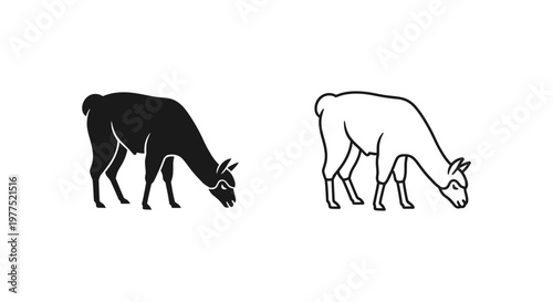 Black vs White Goat Silhouettes - Grazing Animal Icons Vector