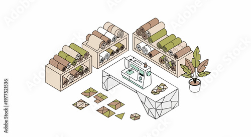 Isometric Sewing Studio Illustration with Electric Sewing Machine, Textile Rolls on Shelves, and Patchwork Patterns