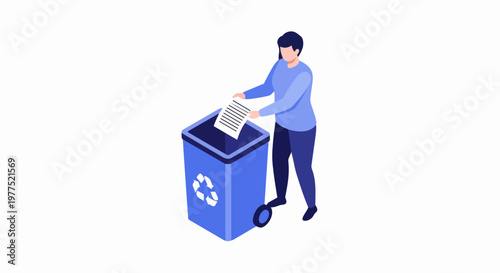 Isometric Woman Recycling Paper in Blue Bin Vector Illustration. Sustainability, Waste Management, and Environmental Conservation Concept for Office and Home.