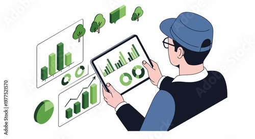 ESG Data Analysis and Environmental Sustainability Monitoring via Digital Tablet Illustration
