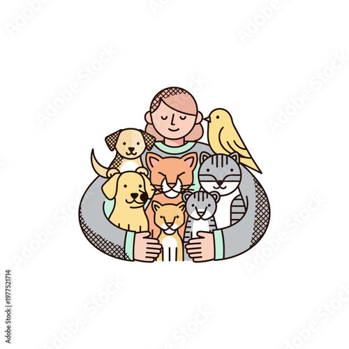 A person embracing a variety of beloved pets including dogs, cats, and a bird, symbolizing animal companionship and care.