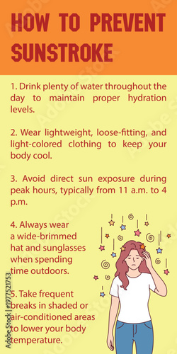 Vertical educational infographic showing how to prevent sunstroke. Includes medical tips for hydration, shade, and protective clothing to stay safe during hot summer weather.