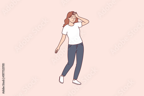 Young woman holding her head and touching her forehead because of a severe headache. Illustration of a person about to faint from exhaustion, dizziness, or sunstroke symptoms.