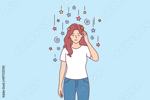 A sleepy or dizzy girl being overwhelmed by abstract symbols and thoughts. Concept of falling asleep, entering a dream state, or suffering from severe disorientation and headache.