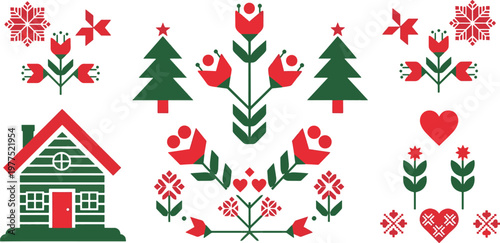 Nordic Christmas folk art collection with floral motifs pine trees snowflakes cozy cabin heart shapes and botanical ornaments for seasonal holiday greeting cards Elemental Folk design