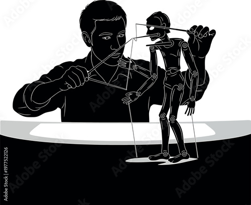 A stark black and white illustration depicts a large figure holding a smaller skeletal form evoking themes of protection and fragility