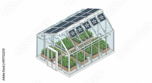 Isometric Smart Greenhouse with Solar Panels and Automated Irrigation System