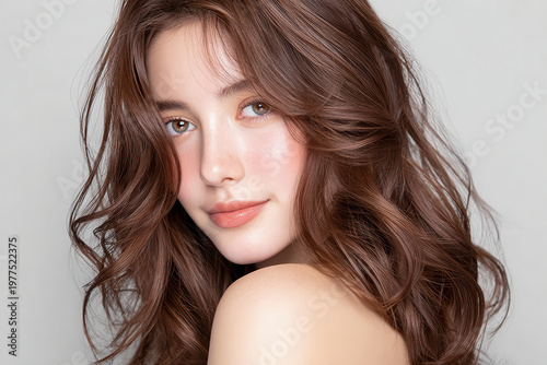 A close-up portrait of a young woman with flowing, wavy brown hair and a radiant complexion, exuding confidence and beauty.