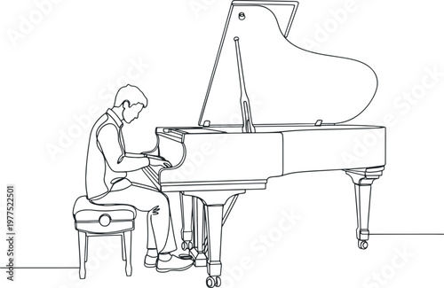 Continuous line drawing of a young talented pianist playing a grand piano on a bench for a classical music concert performance hand drawn vector illustration