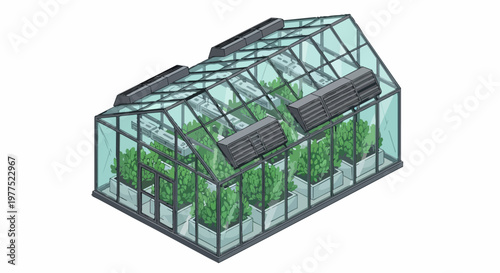 Isometric High-Tech Glass Greenhouse Illustration with Advanced Ventilation and Sustainable Plant Growth Systems