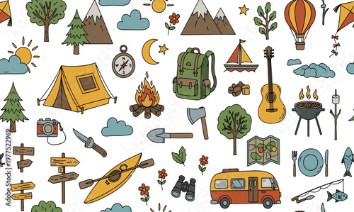 Adventure camping and outdoor summer vacation nature travel elements seamless pattern with mountains and forest camping equipment doodle art
