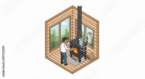Isometric Illustration of a Man Using a Wood-Burning Stove with Water Heating System in a Wooden Cabin