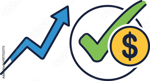 A growing trend indicated by a blue arrow pointing up towards a green checkmark and a dollar sign in a circle.